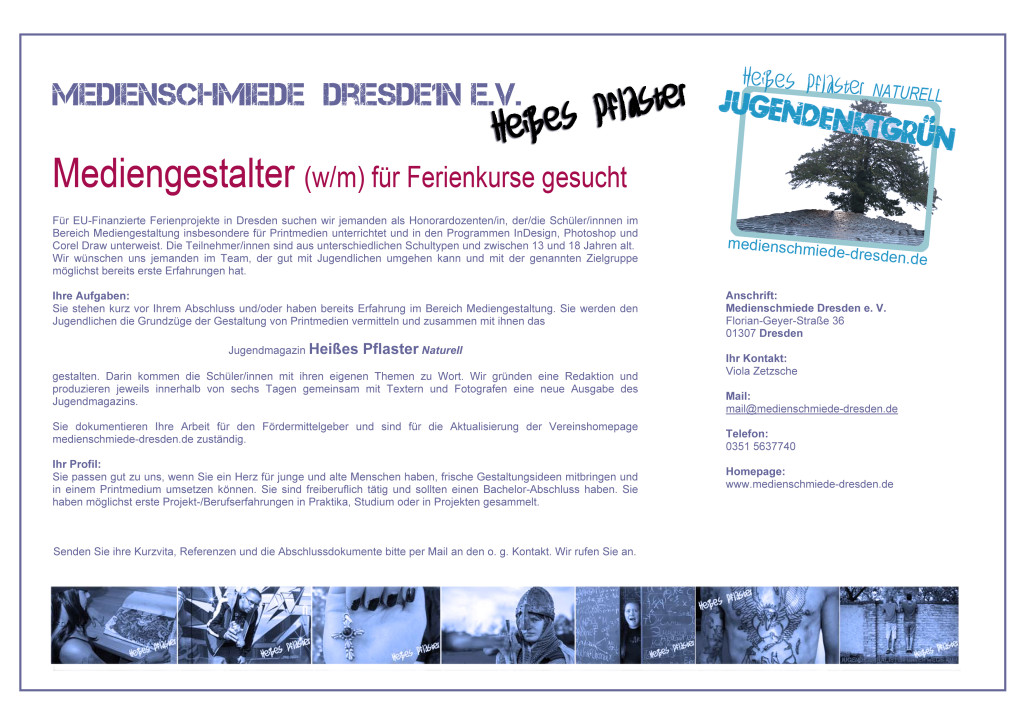 Stellenausschreibung_Mediengestalter Medienschmiede Dresden e. V_Ferienkurse